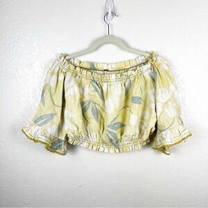 Free People Yellow Floral Off the Shoulder 100% Linen Flounce Crop Top Size 8